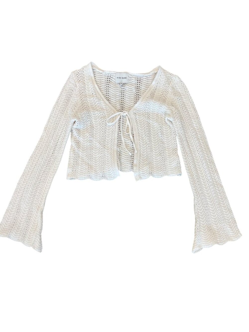 Pink Rose White Bell Sleeve Crochet Cardigan Women's Size M Cottage Jacket